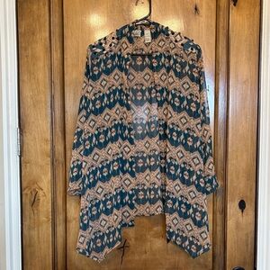 BKE Geometric Patterned Cardigan - Teal and Beige